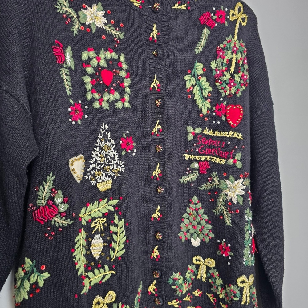 Vtg 2000 Tiara International Embroidered Christmas Sweater Cardigan Sz L Holiday - Picture 3 of 11